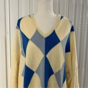 Vintage Barrie Lambswool Argyle V-Neck Sweater Scotland New Wool Yellow Blue